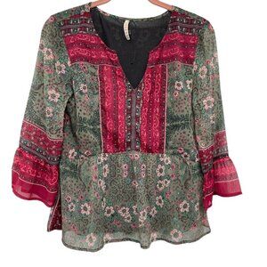 Raga Womens Blouse Size Small Multicolored Floral Bohemian Top Long Sleeve